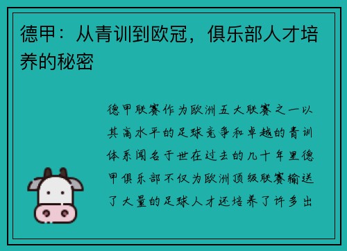 德甲：从青训到欧冠，俱乐部人才培养的秘密