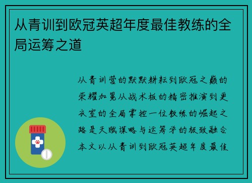 从青训到欧冠英超年度最佳教练的全局运筹之道