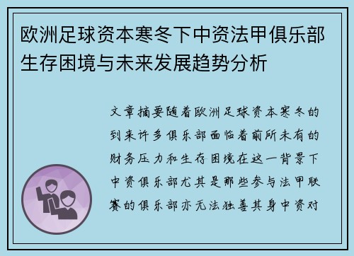 欧洲足球资本寒冬下中资法甲俱乐部生存困境与未来发展趋势分析