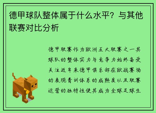 德甲球队整体属于什么水平？与其他联赛对比分析